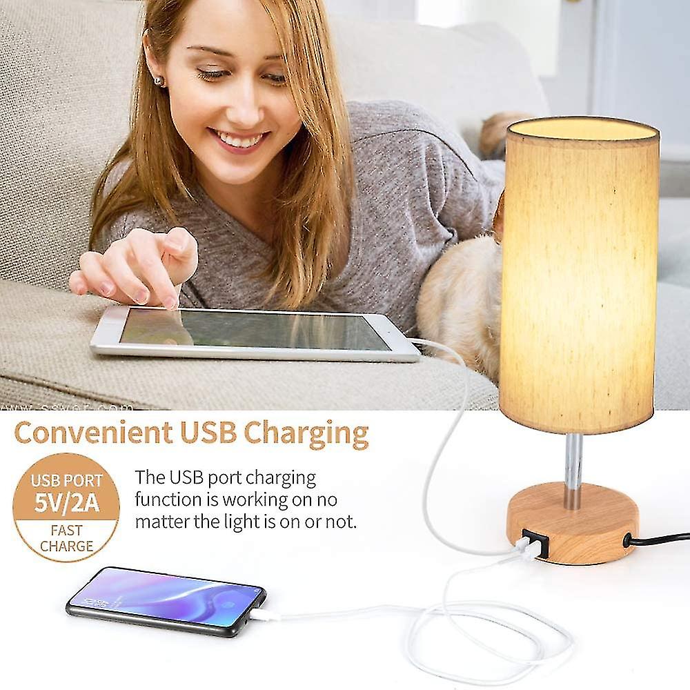 Bedside Lamp With Usb Port - Touch Control Table Lamp For Bedroom Wood 3 Way Dimmable Nightstand Lamp With Round Flaxen Fabric Shade For Living Room，