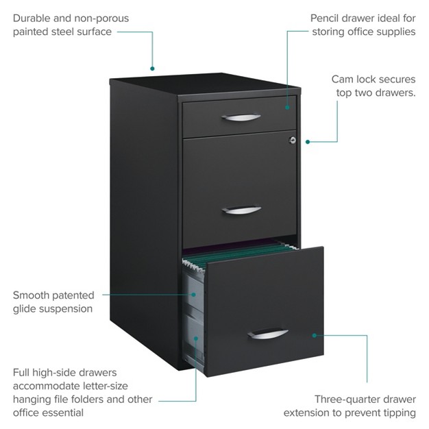 Deep 3 Drawer Metal Organizer File Cabinet With Pencil Drawer