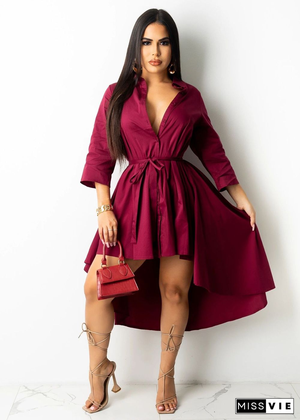 Turn-down Collar Lace Up Irregular Long Sleeve Dress