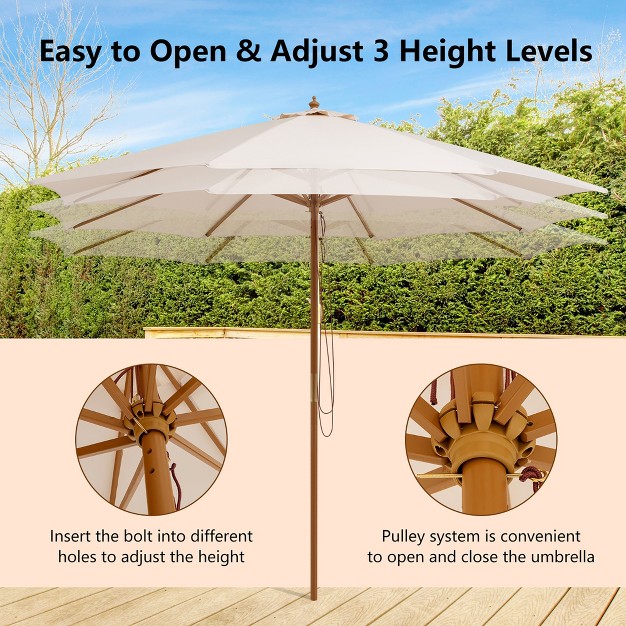 10ft Patio Wooden Market Table Umbrella Pulley W 8 Bamboo Ribs Sunshade Canopy