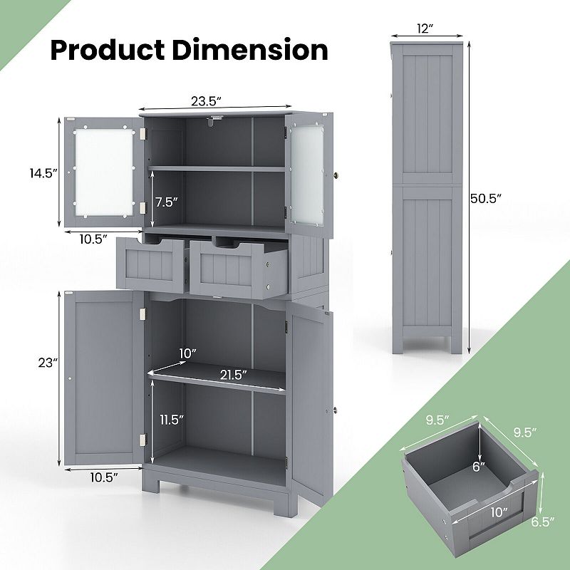 4 Door Freee-Standing Bathroom Cabinet with 2 Drawers and Glass Doors