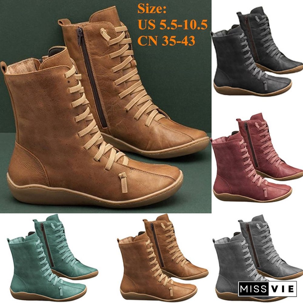 Women Soft Autumn Winter PU Leather Boots Flat Heel Braided Strap Boot High Top Boots Slip on Shoes Plus Size