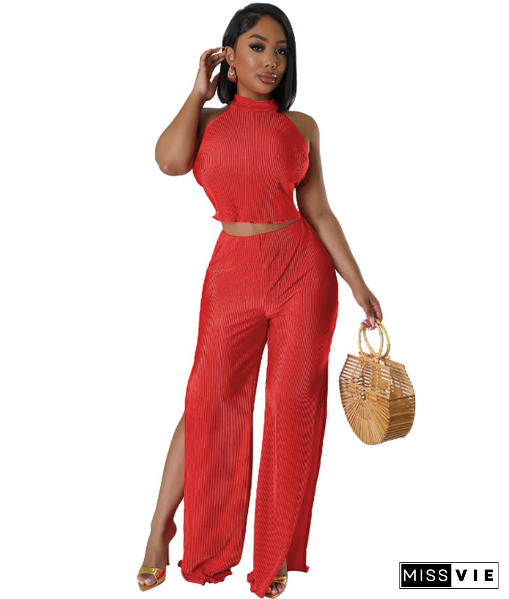 Halter Backless Crop Tops Wide Leg Pants Set