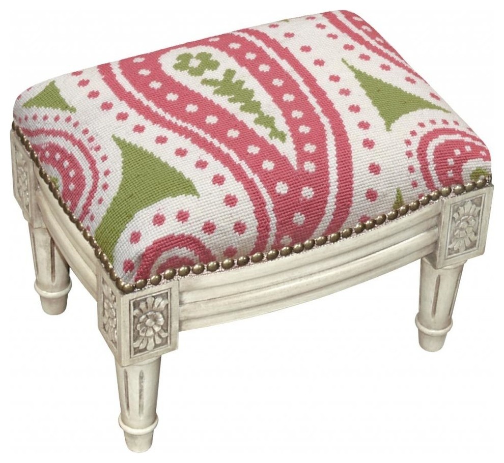 Paisley Wool Needlepoint Wooden Footstool   Mediterranean   Footstools And Ottomans   by 123 Creations  Houzz