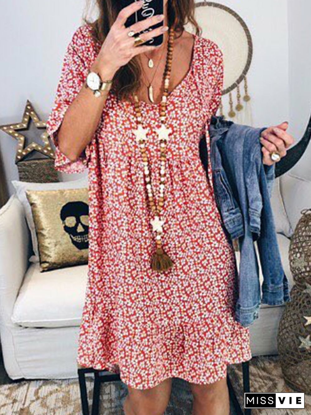 Women Boho Cotton Floral Printed V Neck Weaving Dress