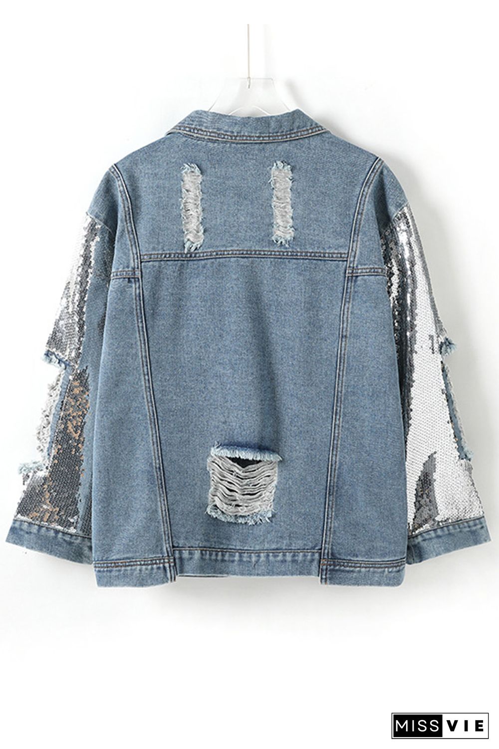 Blue Ripped Splicing Sequin Denim Jacket