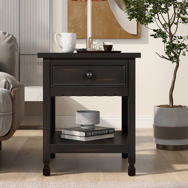 Classical BlackandWhite End Table with Open Styled Shelf Large Storage Space，Side Table Drawer with Metal Handles