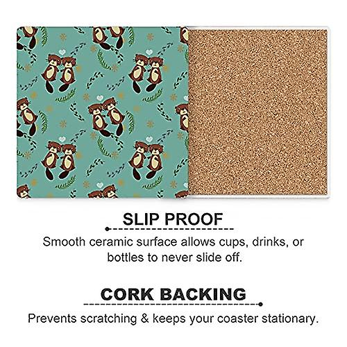 Colourlife Cute Couple Beaver Printed Square Ceramic Coaster For Drinks With Cork Base For Coffee Cups Place Mats For Home Decor Set Of 4 Pieces