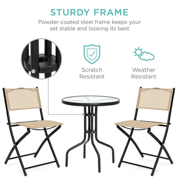 3Piece Patio Bistro Dining Furniture Set w/Textured Glass Tabletop，2 Folding Chairs，Steel Frame，Polyester Fabric