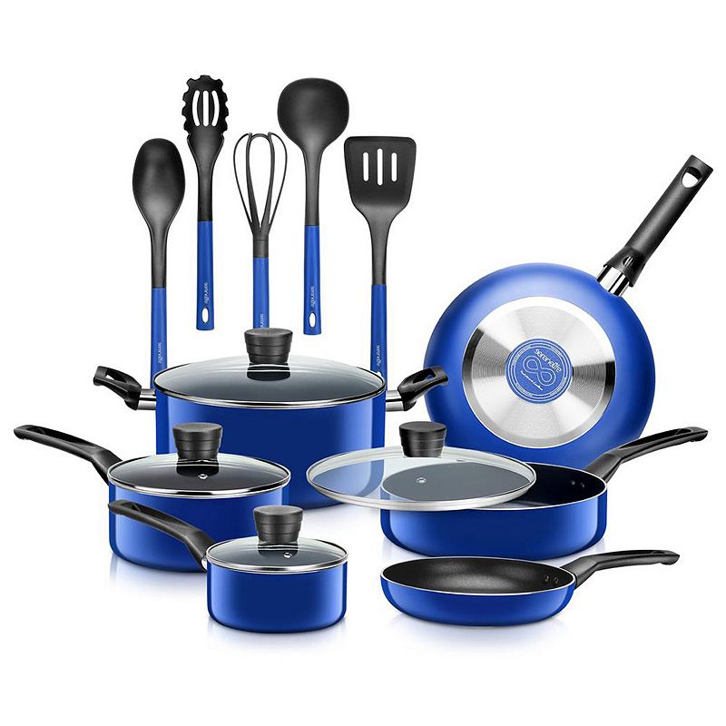 SereneLife 15 Piece Pots and Pans Non Stick Chef Kitchenware Cookware Set， Blue