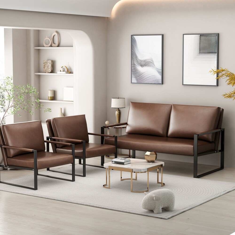 Mieres Mid Century Style 3 Piece PU Leather Living Room Sofa Set Including 2 Armchairs and 1 Loveseat Sofa