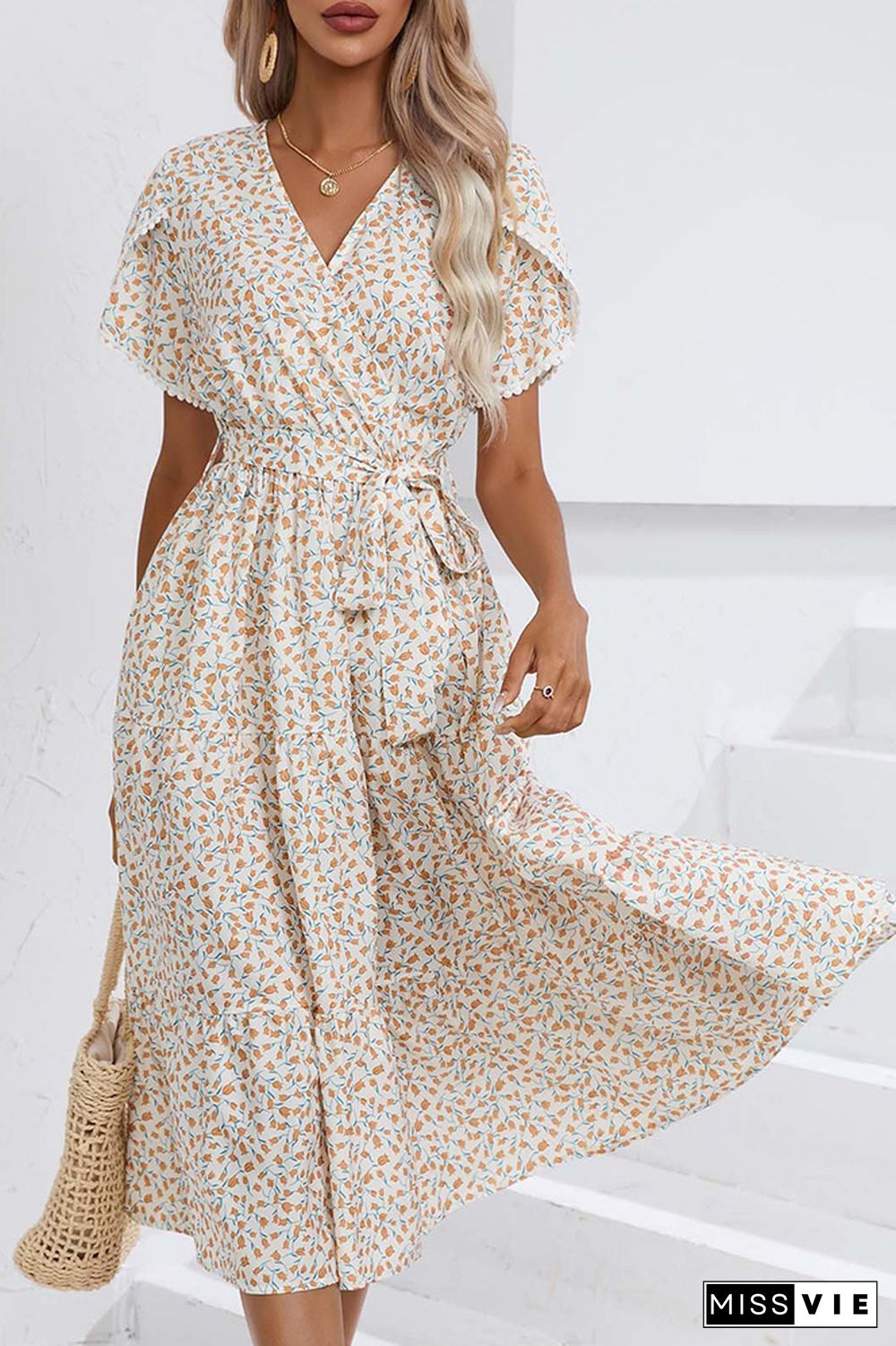 Wrap V Neck Tulip Sleeves Maxi Floral Dress