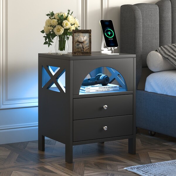 Modern 2 Drawers Nightstand with USB Charging Ports and LED Lights - - 37388176