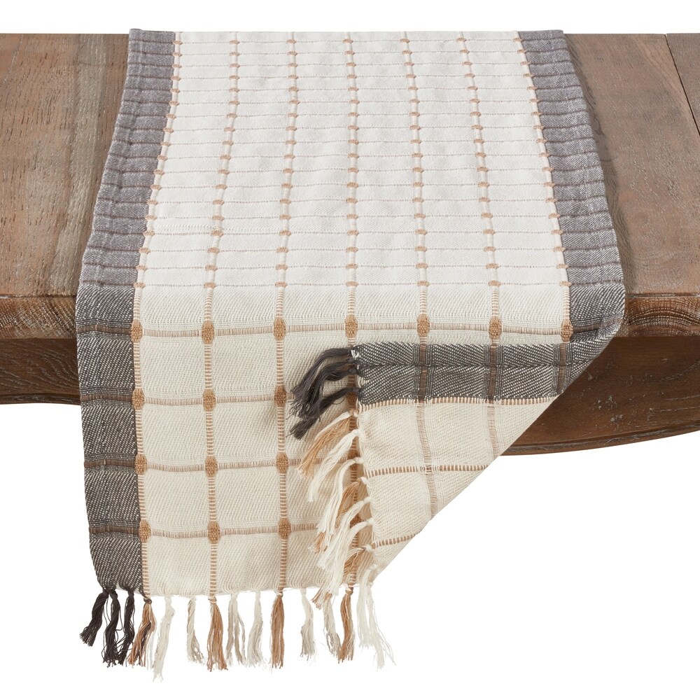 Woven Windowpane and Tassel Design Cotton Table Runner