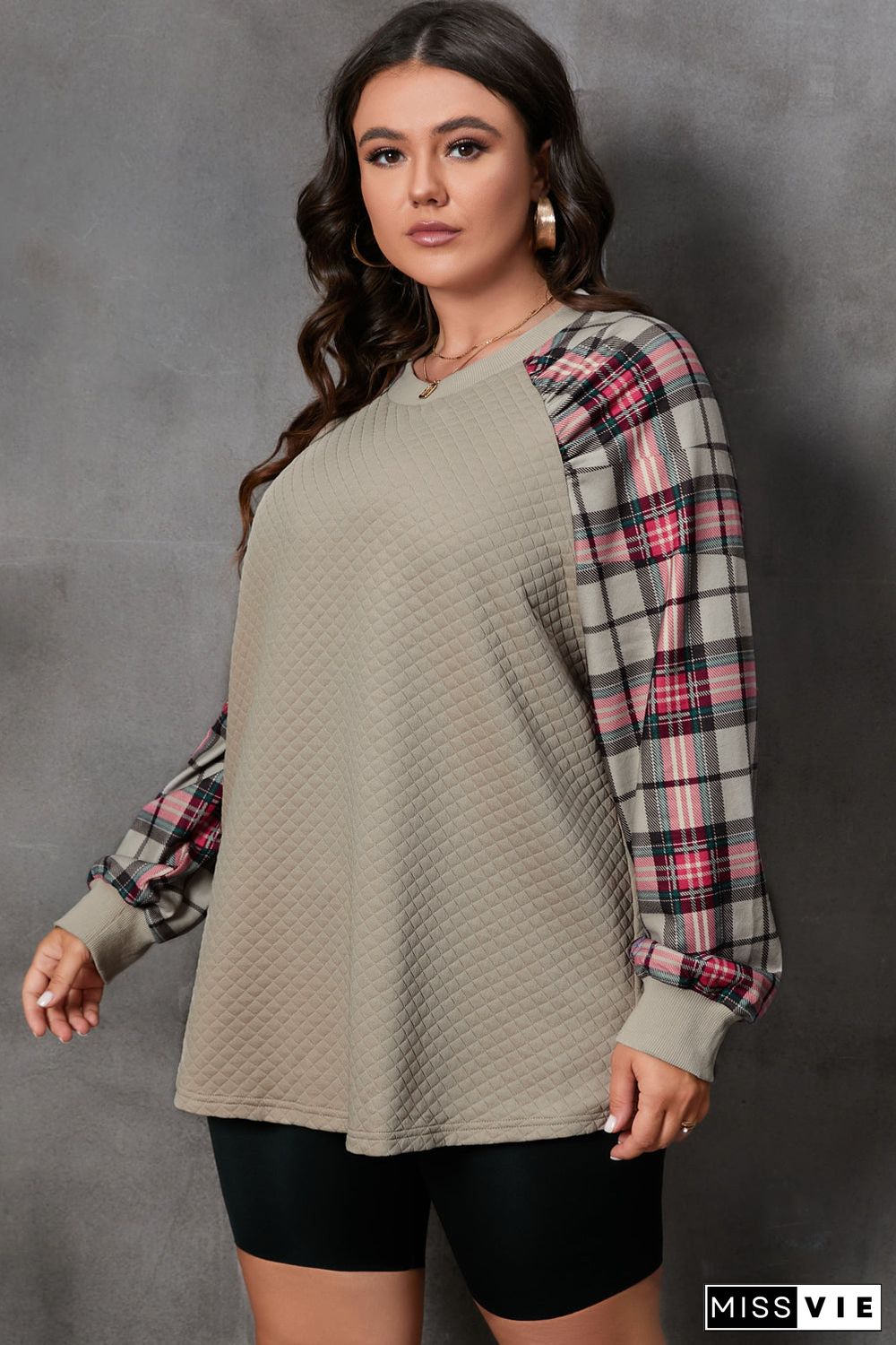 Apricot Plus Size Plaid Raglan Sleeve Crew Neck Sweatshirt