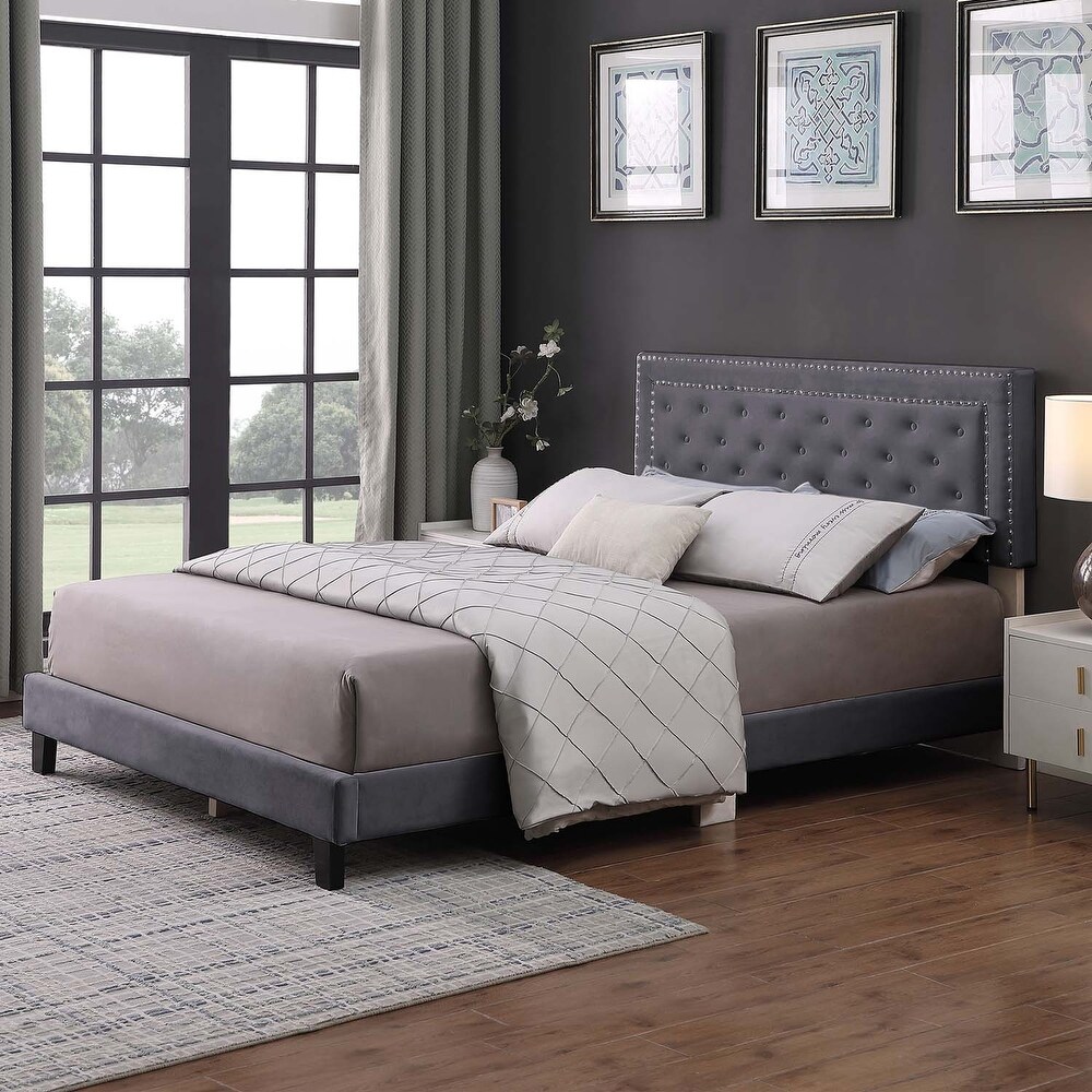 Morden Fort Full Size Bed Frame   Adjustable Headboard with Luxurious Velvet Upholstery