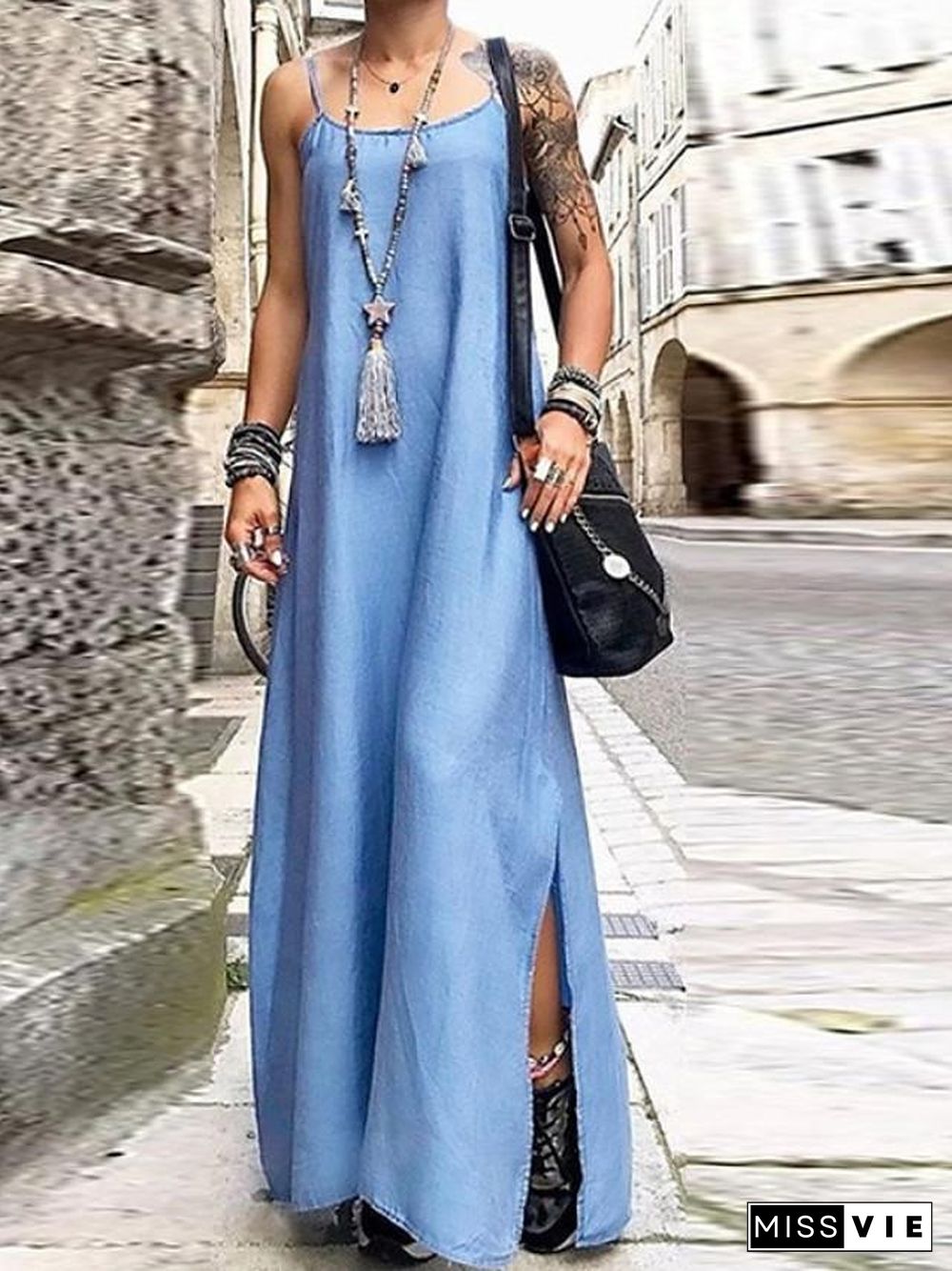 Women's Strap Dress Maxi long Dress Sleeveless Solid Color Summer Casual Dusty Blue Light Blue S M L XL XXL 3XL 4XL 5XL