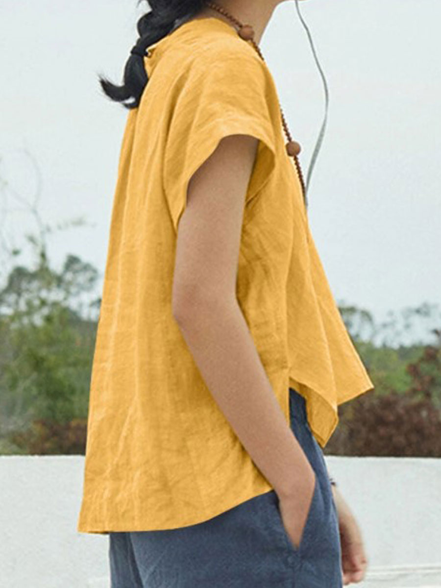 V-neck Casual Loose Solid Color Short-sleeved Blouse