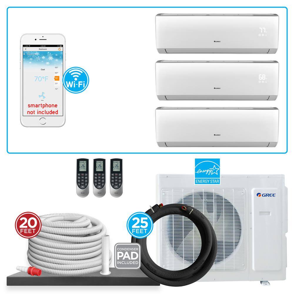 GREE Ultra ENERGY STAR 3-Zone 29600 BTU 2 Ton Wi-Fi Ductless Mini Split Air Conditioner Heat Pump w 25 ft. Install Kit 230V MULTIU24HP312