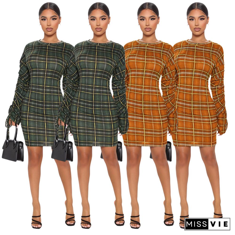 Plaid Print Pleated Sleeves Skinny Pencil Dress