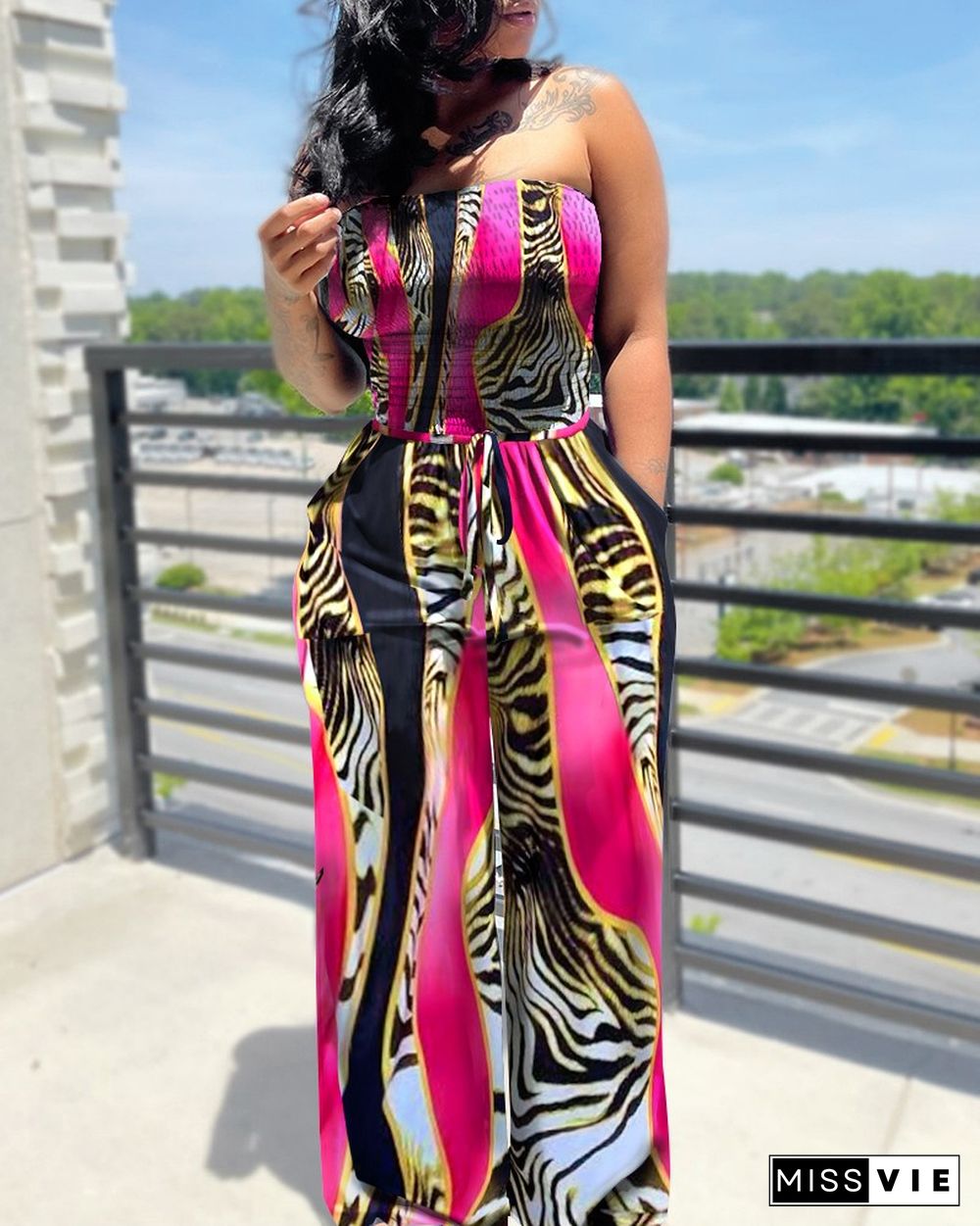 Animal Print Drawstring Waist Shirred Bodice Wide Leg Jumpsuit