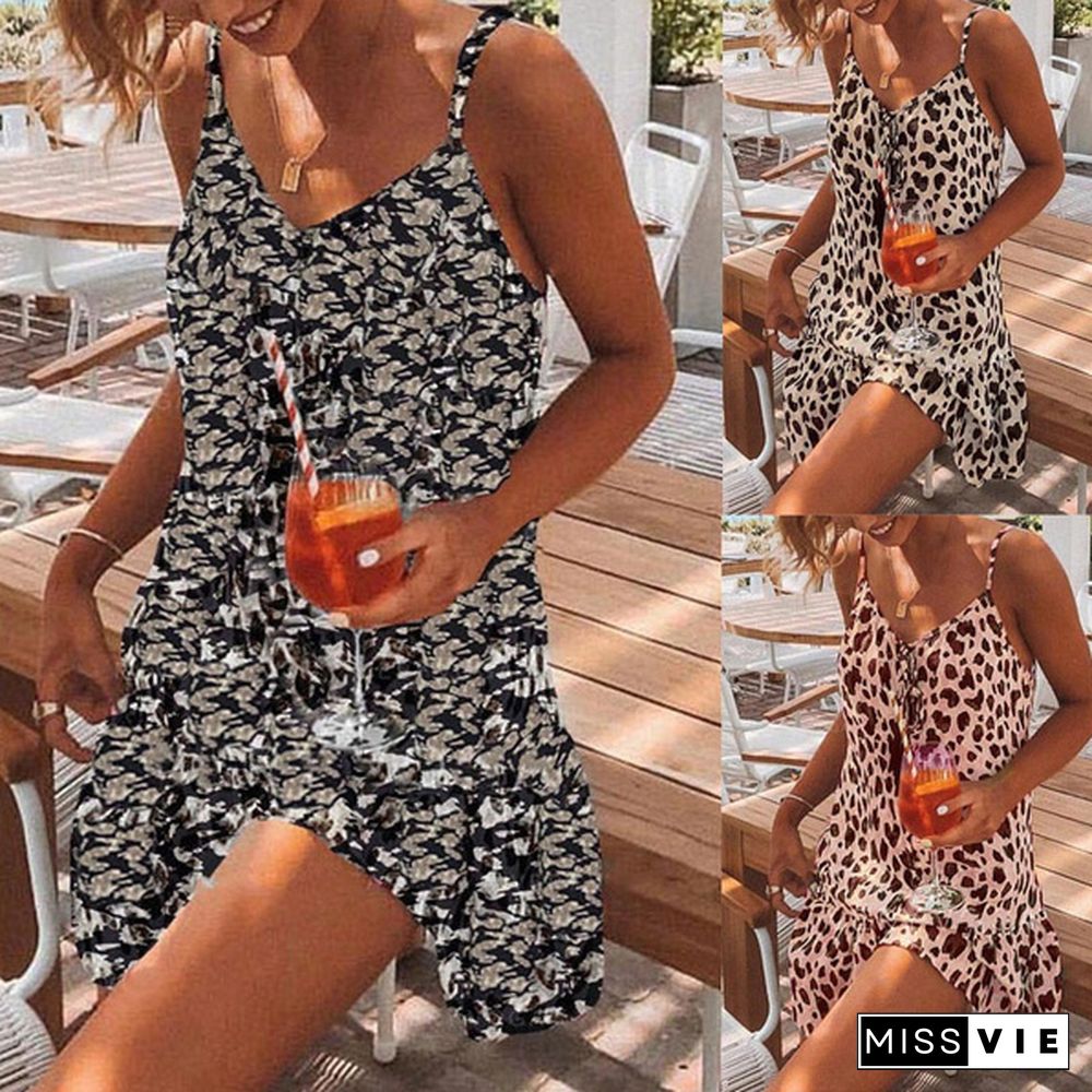 Spaghetti Strap Leopard Printed Summer Beach Dress Women Fashion Casual Mini Dress Vestidos