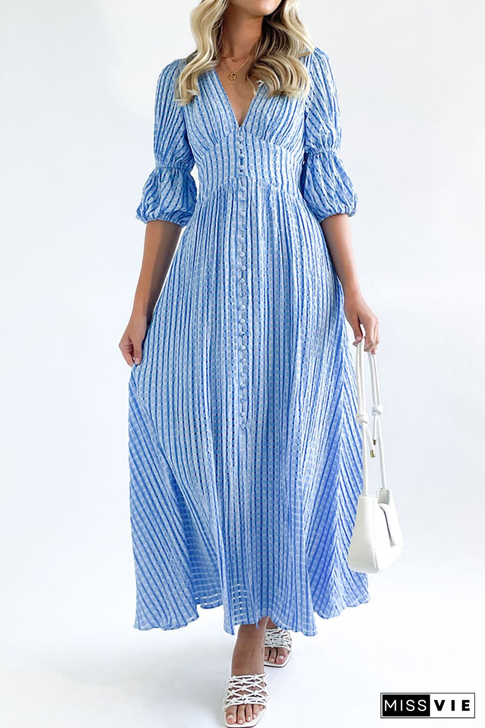 Eyelet Checked Button Up Long Split Dress