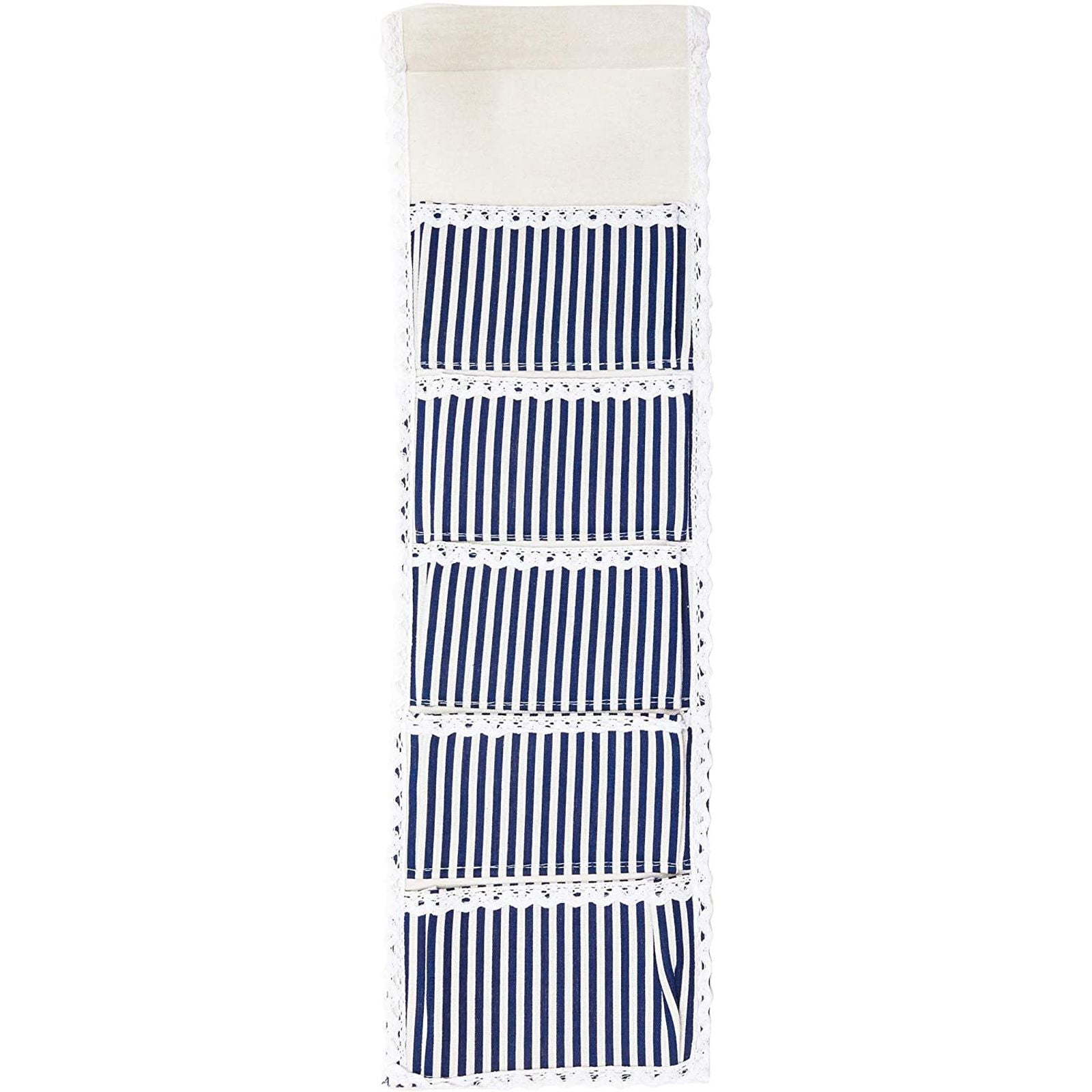 2-Pack Over the Door Closet Wall Hanging Organizer, Wall Mounted Storage Bag Case 5 Pockets Lined Cotton Fabric, Blue Stripes 8”x26”