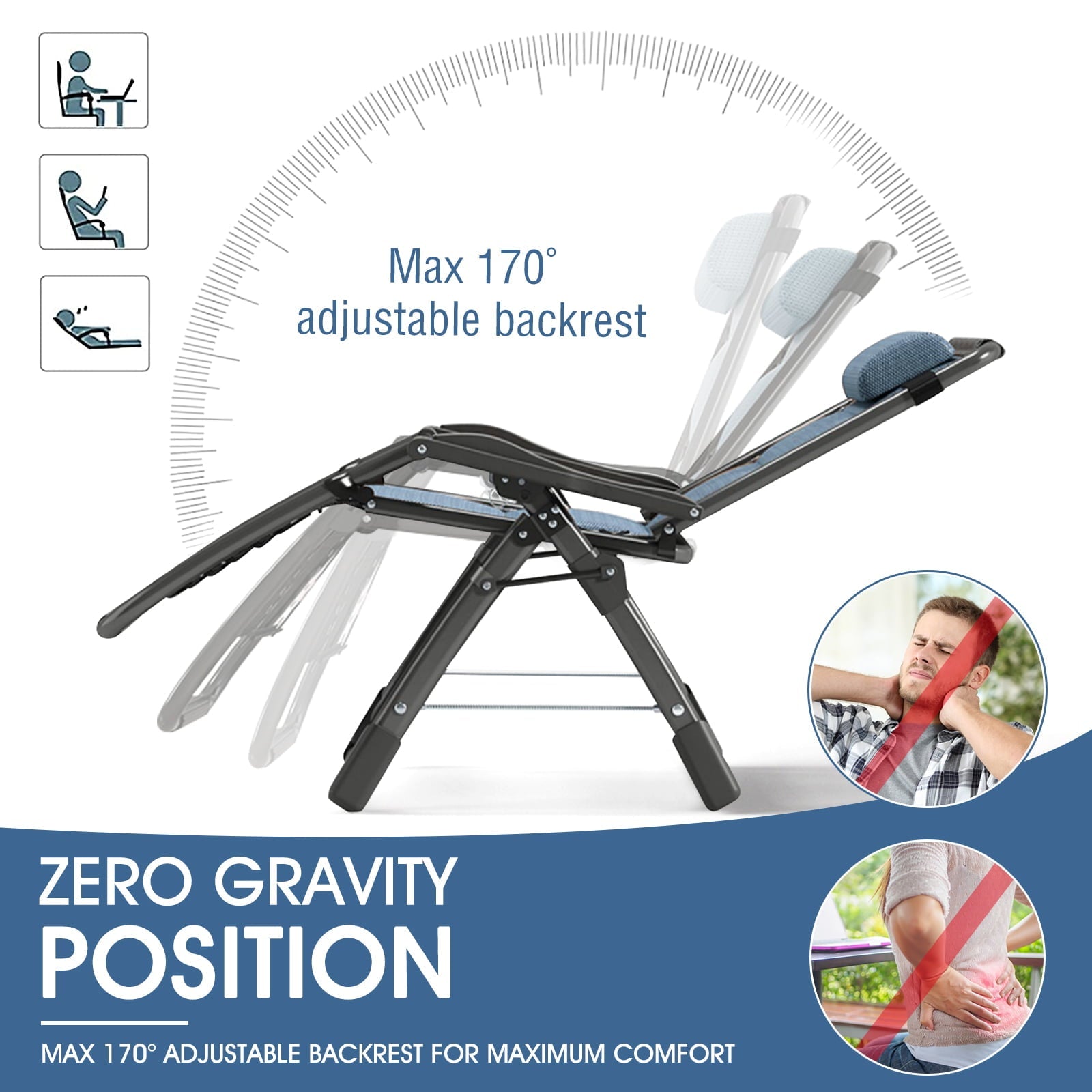 Zero Gravity Chair 2 Pack, Padded Lounge Chair with Removable Headrest & Cup Holder for Indoor and Outdoor, Folding Reclining Chair Set of 2 for Adults