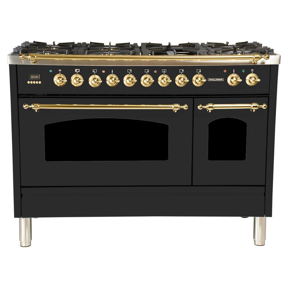 Hallman 48 in. 5.0 cu. ft. Double Oven Dual Fuel Italian Range True Convection 7 BurnersGriddleBrass Trim in Matte Graphite HDFR48BSMG