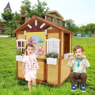 Natural Outdoor Wood Playhouse with Working Doors Windows LN20233338