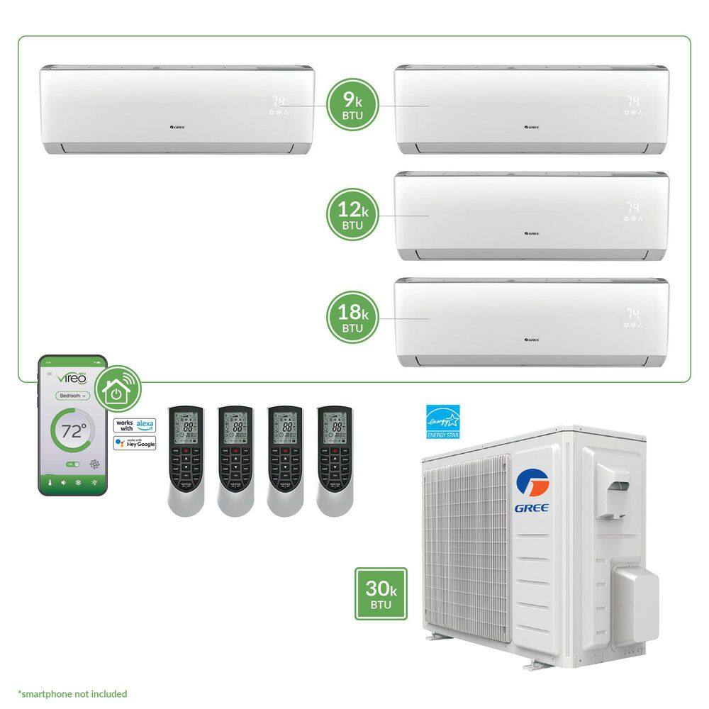 GREE Gen3 Smart Home Quad-Zone 28400 BTU 2.5 Ton Ductless Mini Split Air Conditioner with Heat Inverter Remote - 230-Volt MULTI30VIR304HP