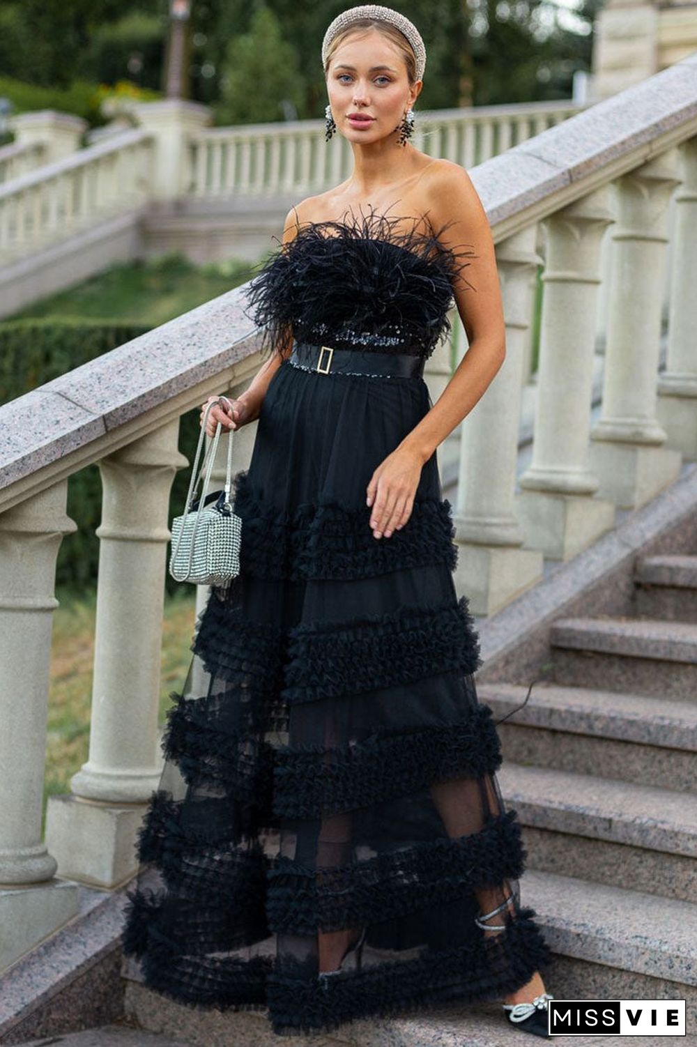 Elegant Feather Strapless Sequin Tiered Ruffle Tulle Evening Maxi Dress - Black