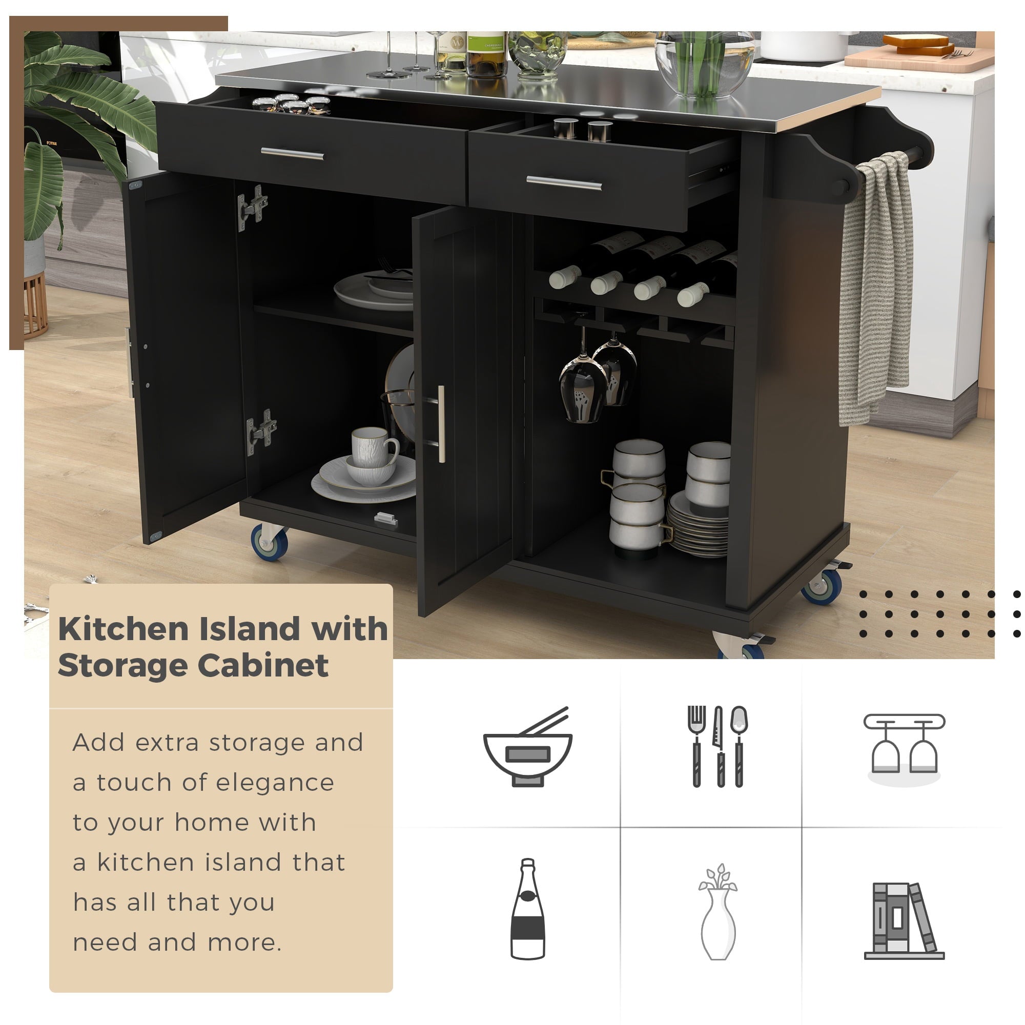 Kitchen Cart with Stainless Steel Top， Mobile Kitchen Island Cart with Spice Rack and Towel Rack， Kitchen Sideboard Buffet Cabinet with 2 Drawers and Wine Rack， Black