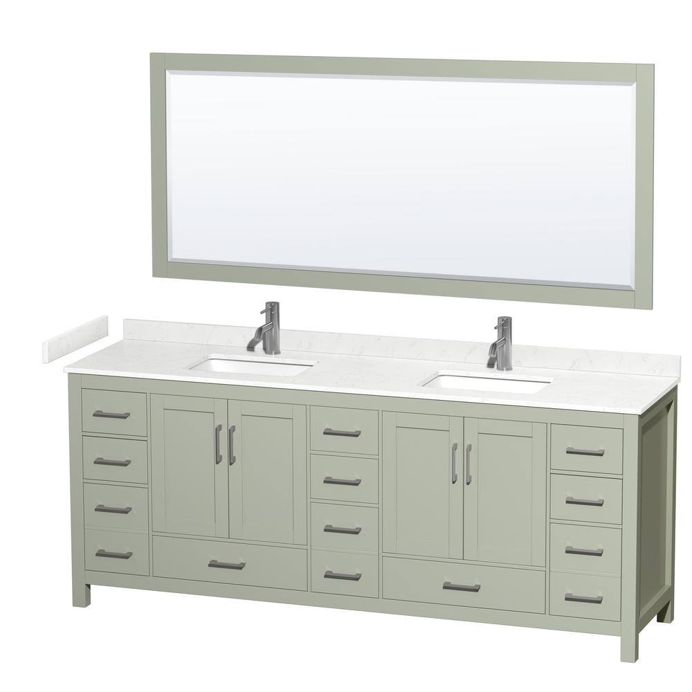 Wyndham Collection 84 in. W x 22 in. D x 35 in. H Double Bath Vanity in Light Green with Carrara Cultured Marble Top and 70 in. Mirror WCS141484DLGC2UNSM70