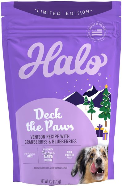 Halo Deck The Paws Venison， Cranberry， and Blueberry Flavored Jerky Dog Treats， 6-oz pouch