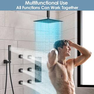 GRANDJOY LED Temperature Thermostatic Valve 7-Spray Ceiling Mount 12 in. Fixed and Handheld Shower Head 2.5 GPM in Matte Black GJSFS-1026-BK12