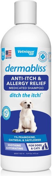 Vetnique Labs Dermabliss Medicated Anti-Itch and Allergy Relief Soothing Oatmeal Medicated Dog and Cat Shampoo， 16-oz bottle