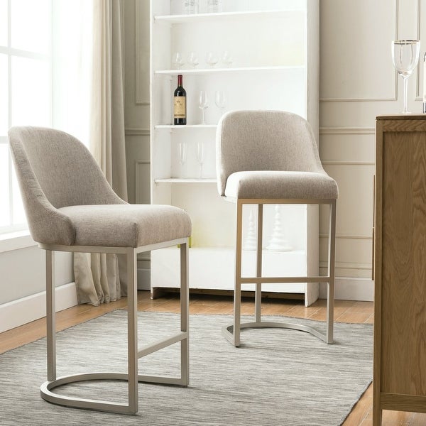 Design House Barrelback Bar Stool with Gray Linen Seat and Espresso Metal Base， Set of 2