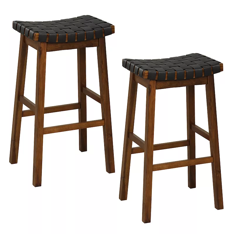 Faux Pu Leather Bar Height Stools Set Of 2 With Woven Curved Seat