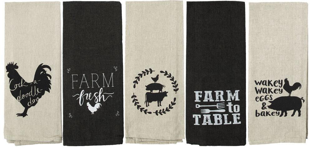 Farmhouse Kitchen Towels Set Cotton Tan Black Farm Flour Sack Towels 16”x28” 5 Piece