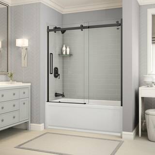 MAAX Utile Metro 32 in. x 60 in. x 81 in. Bath and Shower Combo in Soft Grey with New Town Left Drain Halo Door Matte Black 106917-301-500-103