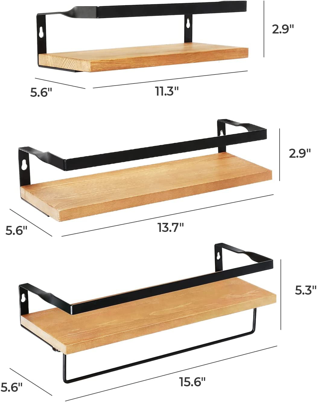 Crzdeal Floating Shelves with Rail & Towel Rack, Set of 3, Wood Wall Mounted,11.3''X5.6''X2.9''