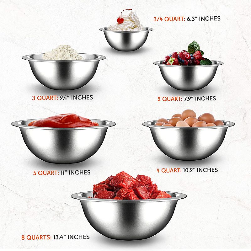 NutriChef 6 Piece Stainless Steel Home Kitchen Food Prep Mixing Serving Bowl Set