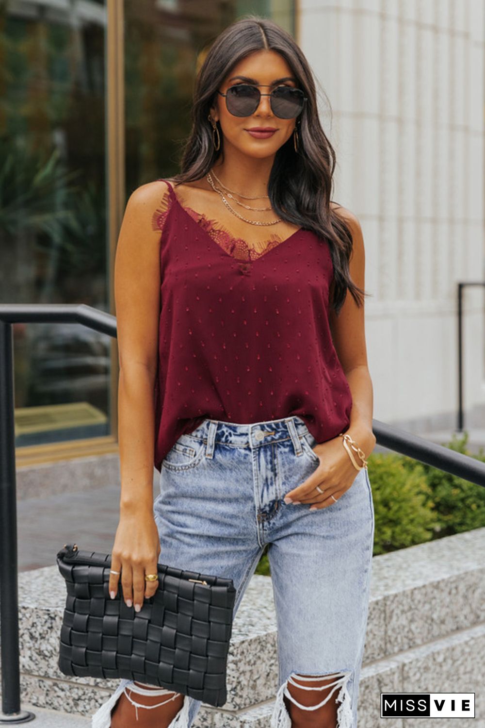 Red Eyelash Lace Trim Textured Cami Top