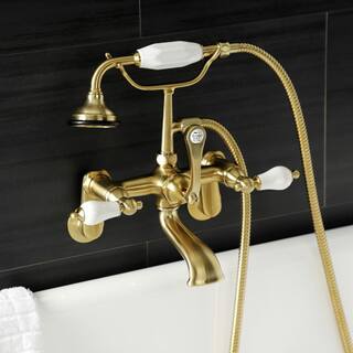 Kingston Brass Aqua Vintage 3-Handle Wall-Mount Clawfoot Tub Faucets with Hand Shower in Brushed Brass HAE55T7