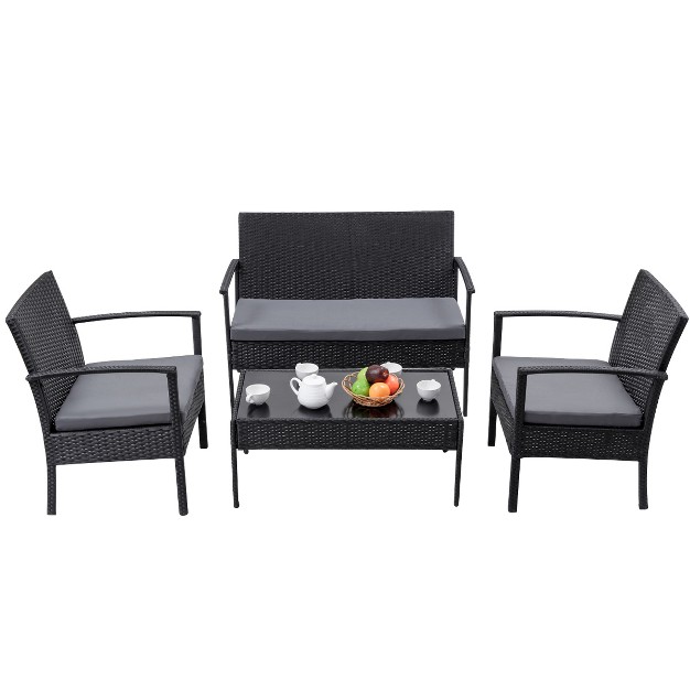 Tangkula 4 Pcs Rattan Wicker Furniture Set Loveseat Sofa Cushioned Patio Outdoor Black