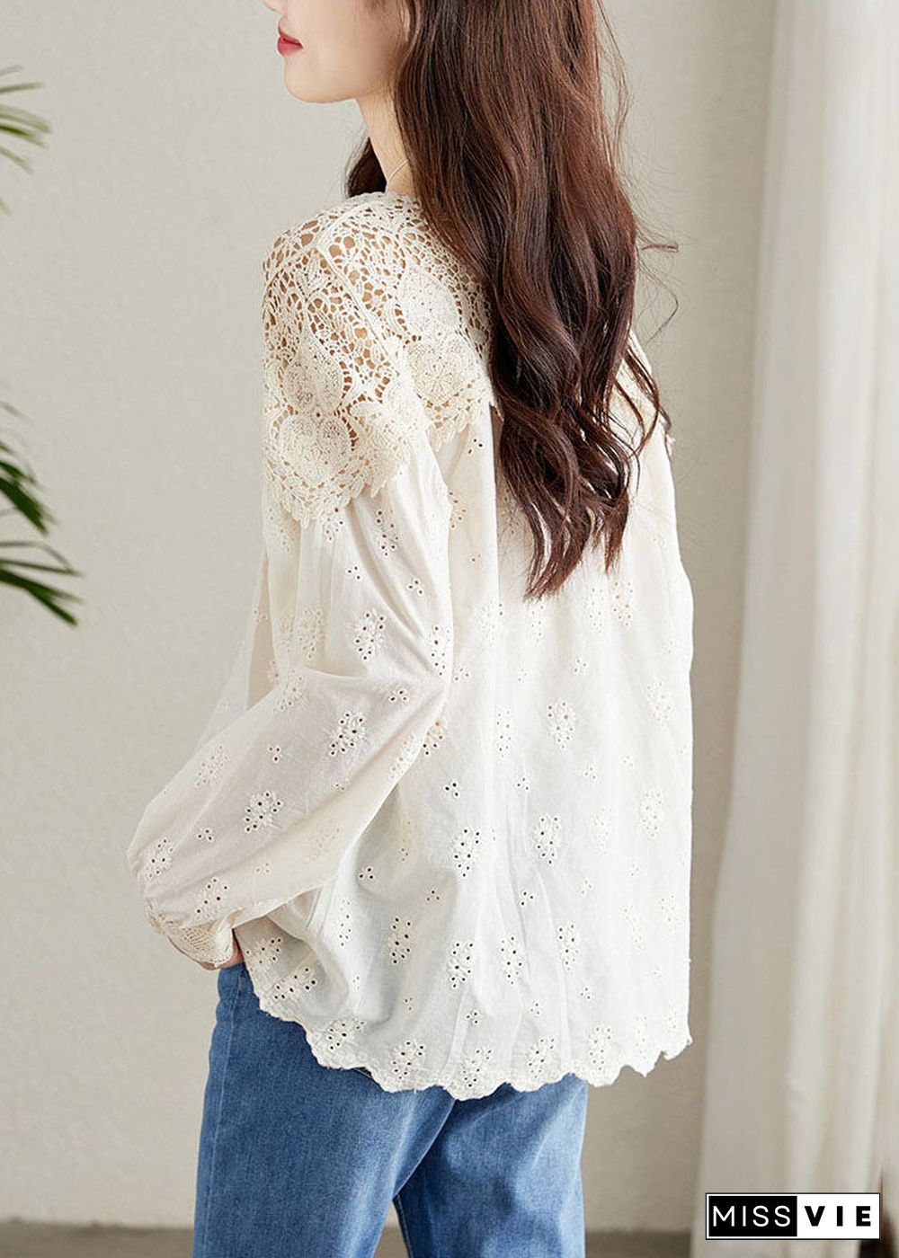 French Apricot Hollow Out Lace Patchwork Cotton Shirts Top Spring