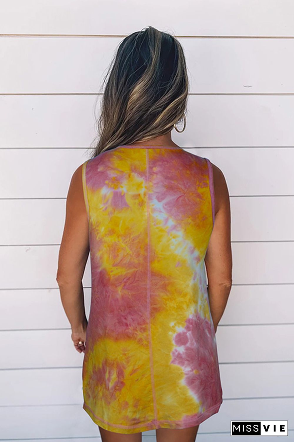 Rose Red Tie-Dye Round Collar Tank Top