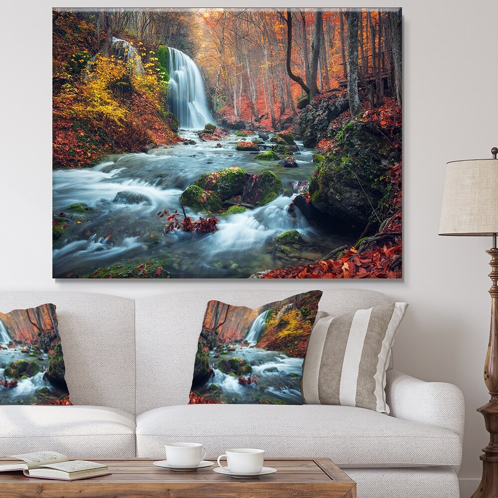 Autumn Mountain Waterfall Long View Landscape Photo Canvas Print   Orange